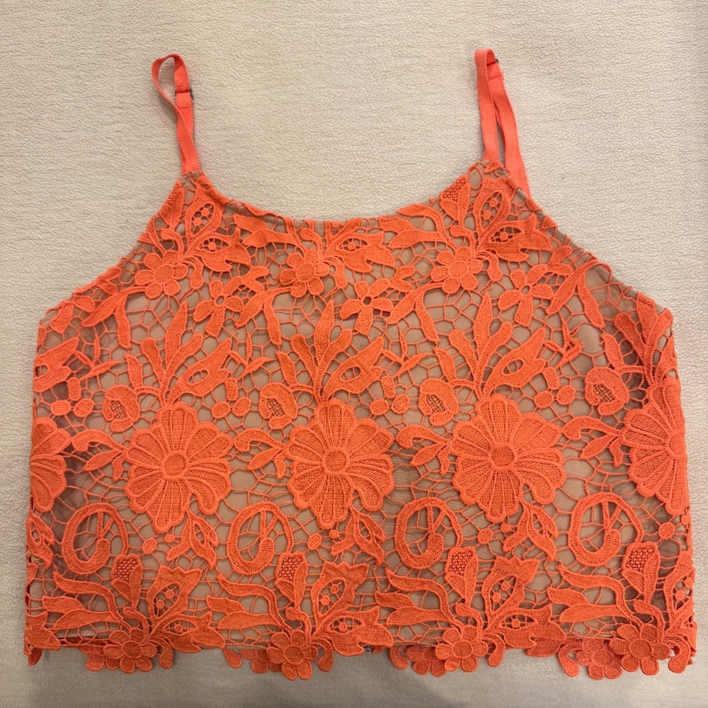 Alice and Olivia Alanis Lace Crop Top, Coral/Nude, Small